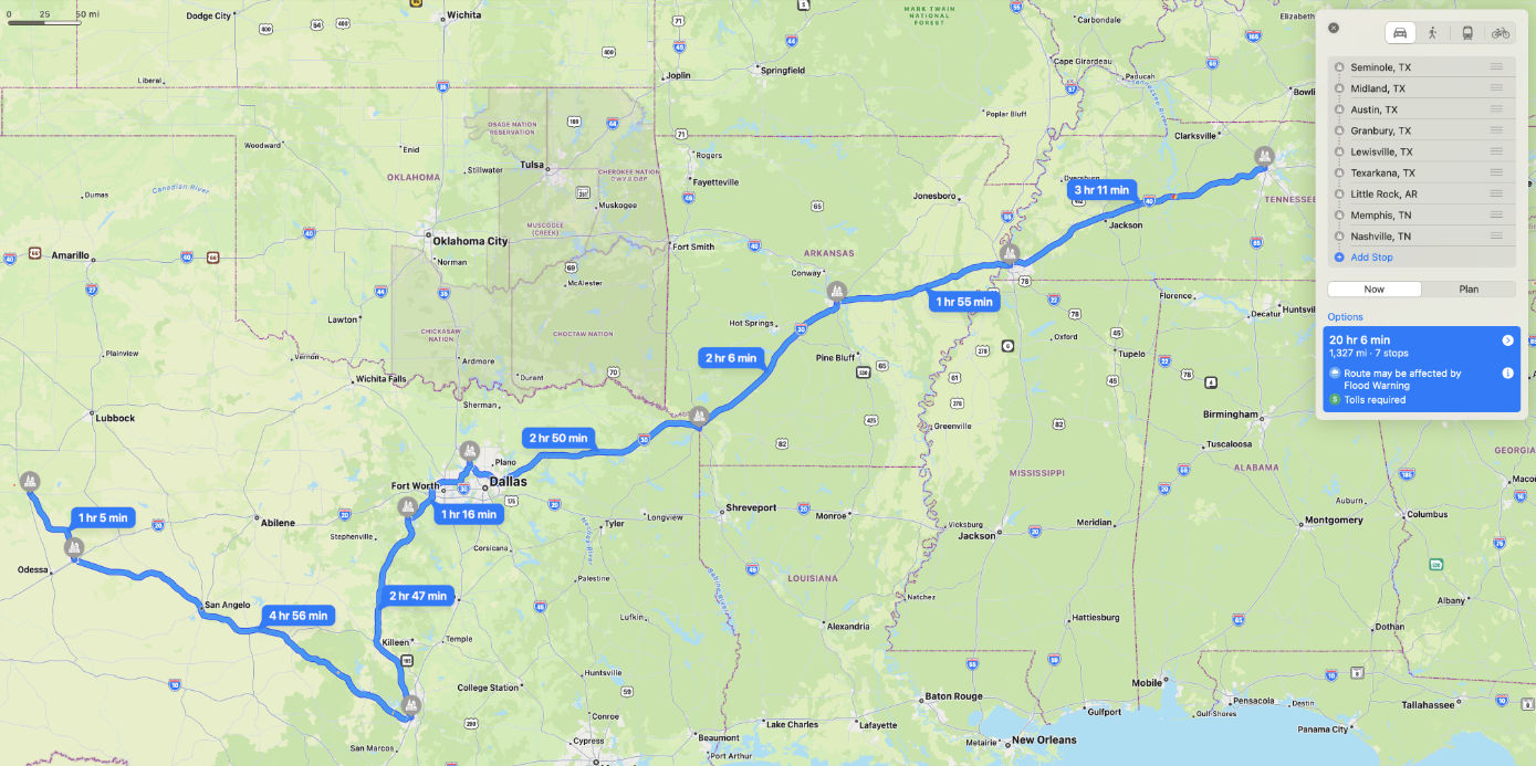 Map of United States with trip details: Seminole, TX to Midland, TX to Austin, TX to Granbury, TX to Lewisville, TX to Little Rock, AR to Memphis, TN to Nashville, TN. 20 total hours and distance of 1,300 miles.