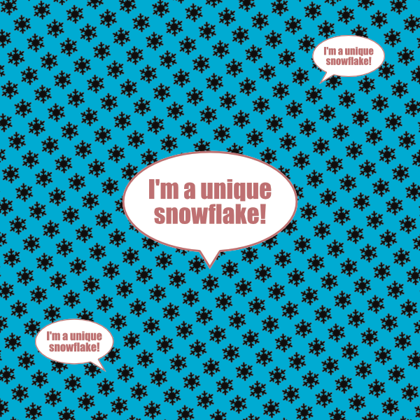 Teal ground with with repeating pattern of same black snowflake. Center snowflake has larger speech bubble that reads: Iʼm a unique snowflake. Two other snowflakes have smaller speech bubbles that say the same thing.