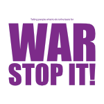 White background with purple text across three lines. Line 1: Telling people what to do is the basis for. Line 2: War. Line 3: Stop it! Line 1 is dramactically smaller compared to the other two. Lines 2 and 3 are large and bold.