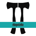 White background. Two black silhouettes of hatchets. Teal band with small black border across bottom third. Black text inside band reads: Chopsticks.